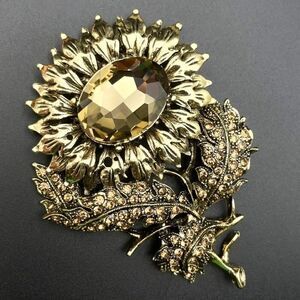 Yellow Gold with Brown Champagne Topaz Crystal Sunflower Pin Back Brooch